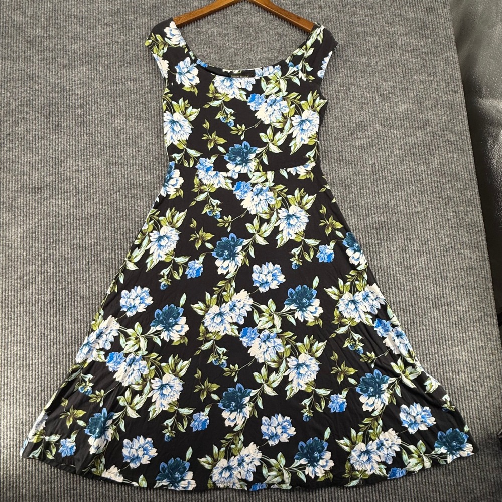 Banana Republic Floral Dress Womens Med Black Blue Excellent Off Shoulder Knit